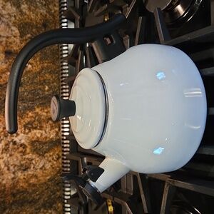 Pale Grey LECREUSET Tea Kettle with Black Handle